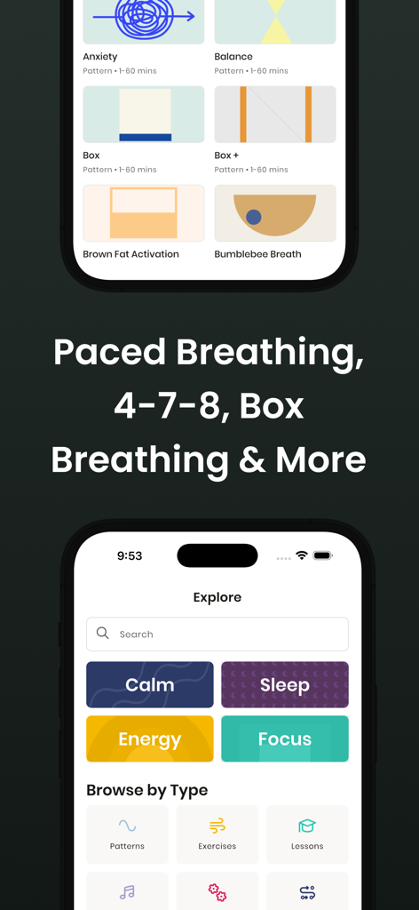 Breathwork by One Deep Breath - One Deep Breath app interface showing various breathing patterns and categories like Calm and Focus