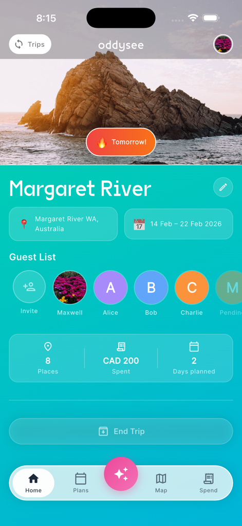 Oddysee - Oddysee app trip overview screen showing guest list, travel dates, and expense summary for a group trip to Margaret River