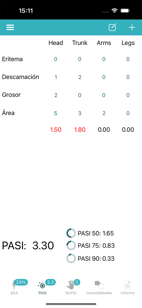 PsoriasisCalc - Pantalla de cálculo de la puntuación PASI de la aplicación PsoriasisCalc para profesionales médicos