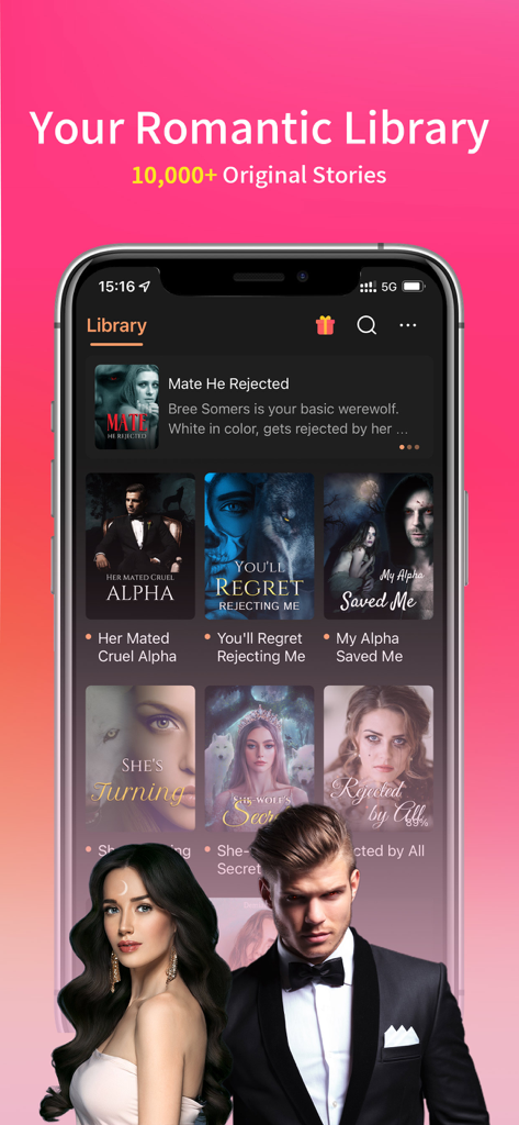 Storydo - Fiction, Story - Storydo app interface displaying a library of original romance and werewolf stories on a smartphone