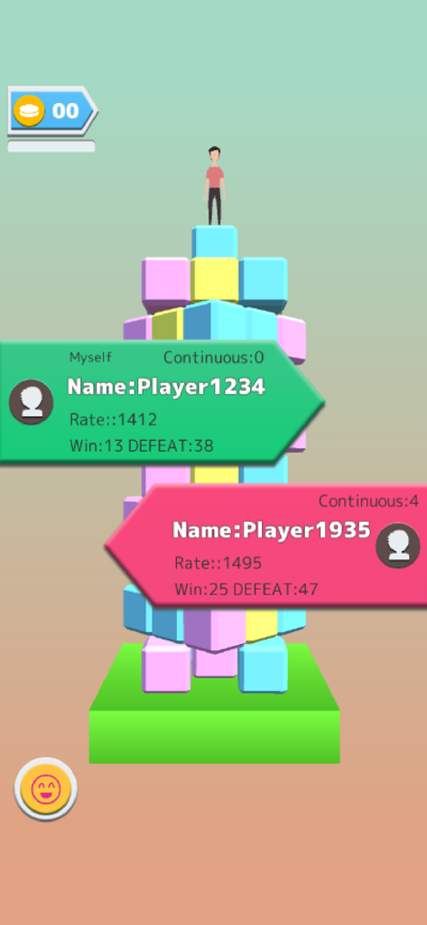 Block Tower Online - Partie multijoueur en ligne dans Block Tower Online montrant une tour de blocs colorés avec un personnage au sommet et des profils de joueurs