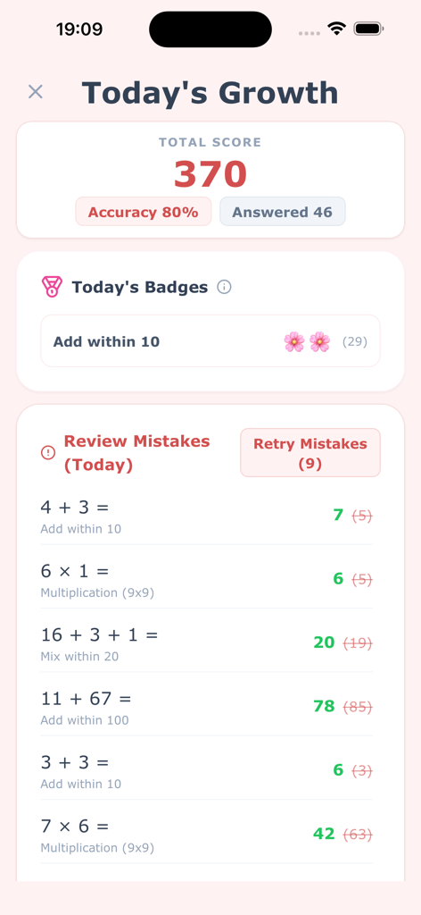 Panda Learn Math - Panda Learn Math app daily growth report screen showing total score accuracy and mistake review section