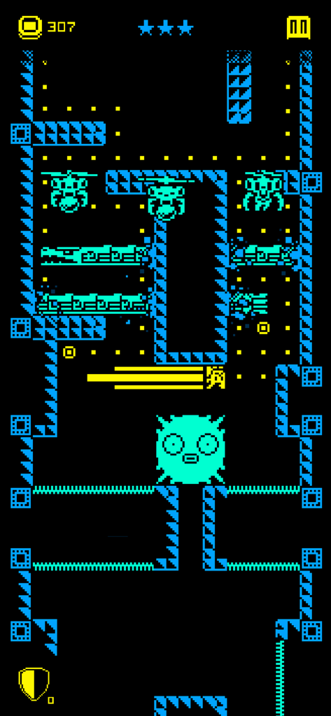 Gameplay of Tomb of the Mask showing a neon pixel character navigating a vertical labyrinth with spikes and enemies