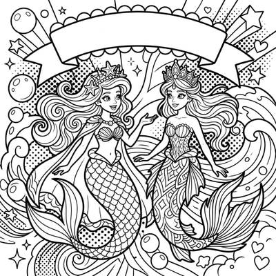 Unleash your creativity with this enchanting coloring page featuring two majestic mermaid princesses in a vibrant Pop Art style. Dive into a world of underwater royalty and bold designs, perfect for a fun and engaging coloring experience.