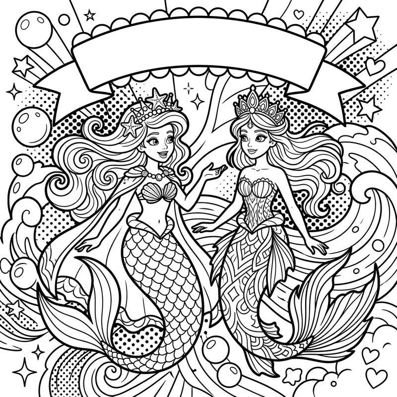 Unleash your creativity with this enchanting coloring page featuring two majestic mermaid princesses in a vibrant Pop Art style. Dive into a world of underwater royalty and bold designs, perfect for a fun and engaging coloring experience.