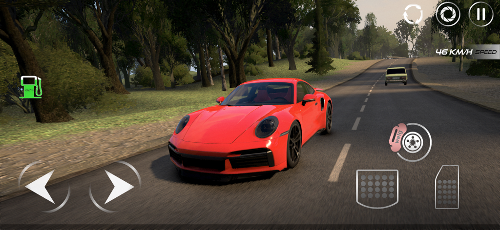 wDrive Roads: Russia - Un coche deportivo rojo conduciendo por una carretera boscosa en el juego móvil wDrive Roads Russia.