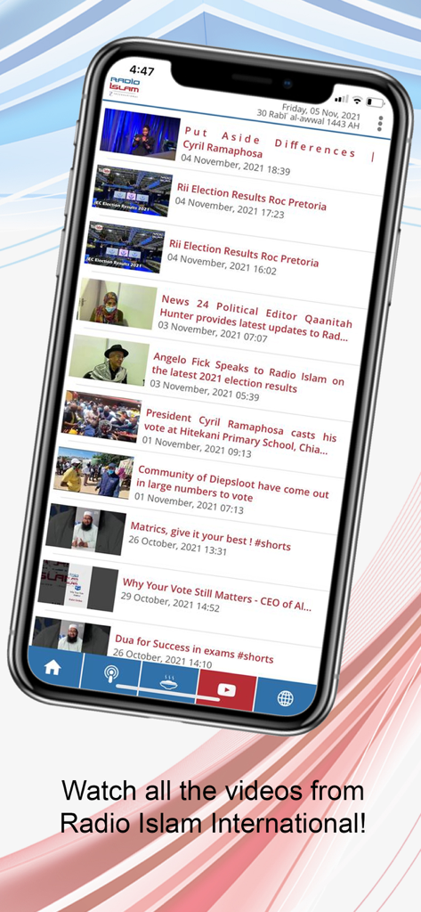 Radio Islam International - A smartphone screen displaying the video feed of the Radio Islam International app with news and religious content