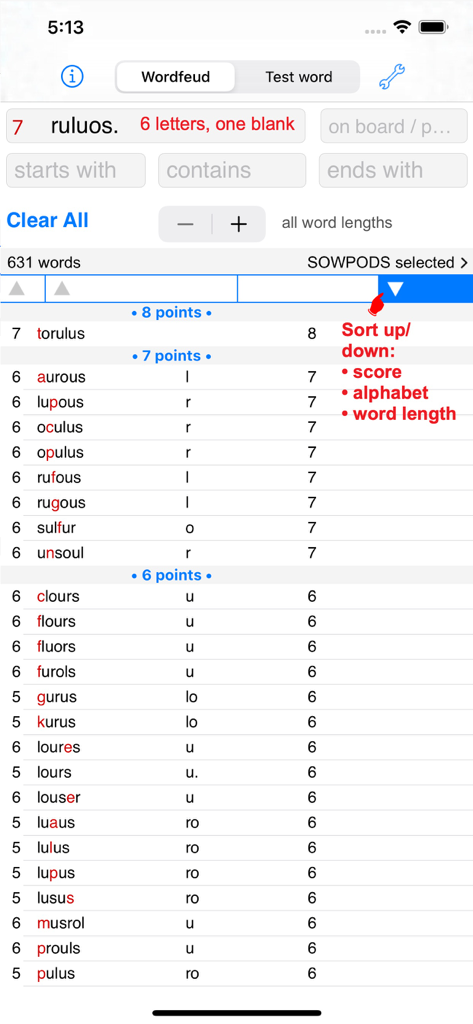 Words Finder Wordfeud/SOWPODS - Words Finder app interface showing word suggestions for Wordfeud sorted by points using the SOWPODS dictionary