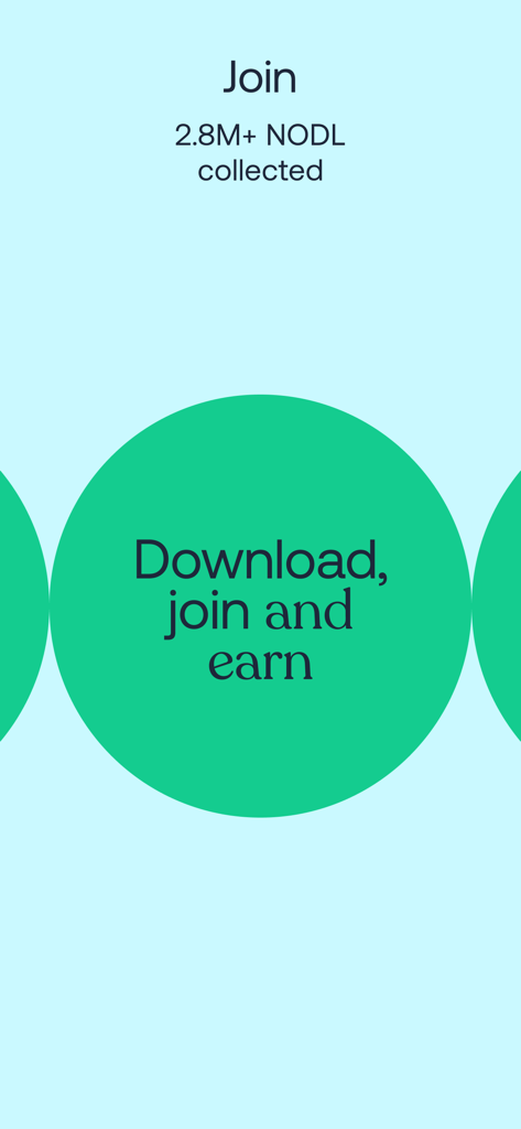 Nodle app screen showing a call to action to download join and earn with over 2.8 million NODL tokens collected