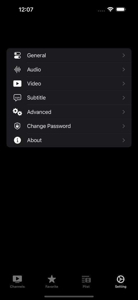 Settings menu of the Tv-Box app on iPhone showing options for General Audio Video and Subtitles