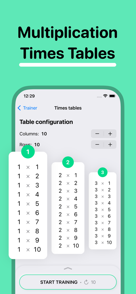 Configuración de entrenamiento de tablas de multiplicar en la aplicación FastMath