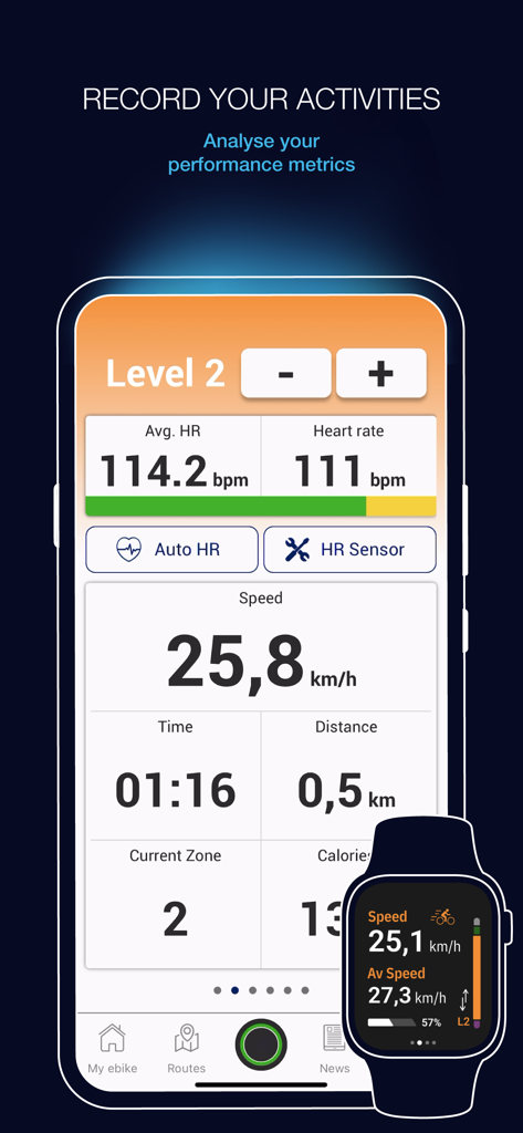 My SmartBike - My SmartBike app activity tracking dashboard showing speed and heart rate metrics on iPhone and Apple Watch.