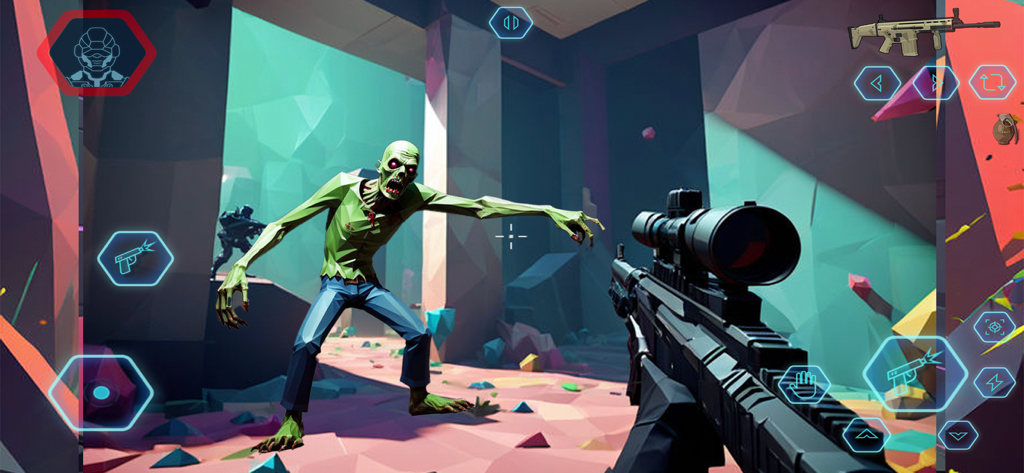 Zombie Battleground Shooting - First person view of a player aiming a scoped rifle at a pixelated zombie in a 3D low poly environment.