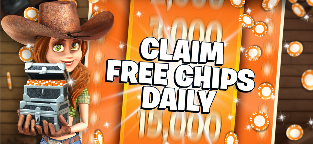 Una vaquera en Governor of Poker 3 sosteniendo cofres del tesoro llenos de fichas de póker con el texto Reclama Fichas Gratis Diariamente