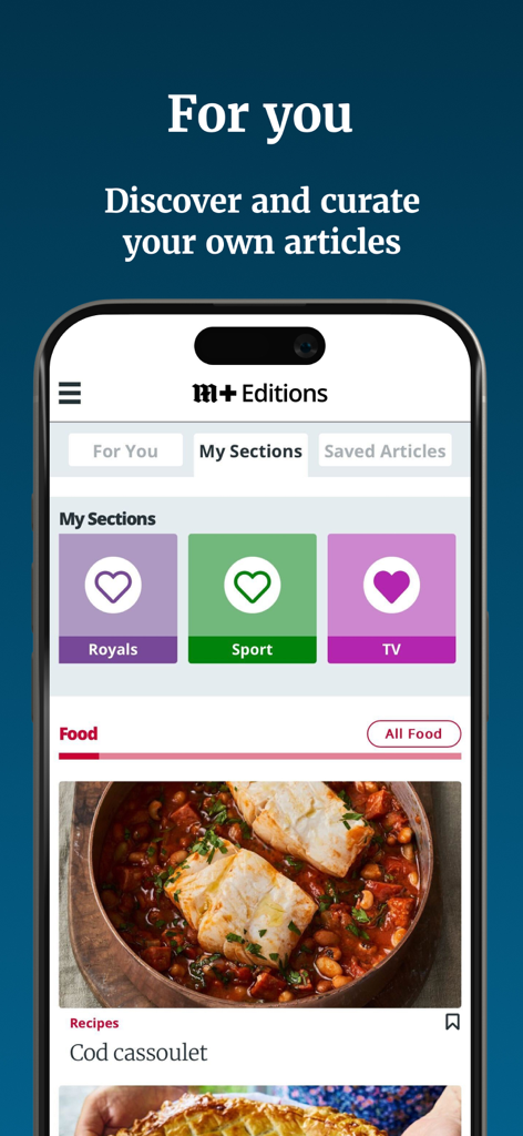 Interface of Daily Mail app showing personalized news sections for Royals Sport and TV with a featured recipe