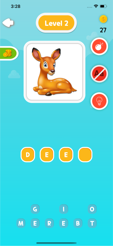 Guess the Picture Quiz Game - Screenshot of a picture quiz game showing a deer illustration with spelling tiles for the word deer