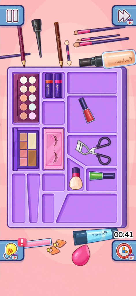 Perfect Satisfy: Organize Game - Clasificando artículos de maquillaje en una bandeja organizadora morada