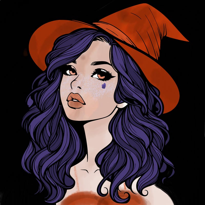 realistic witch girl with wavy hair and lips