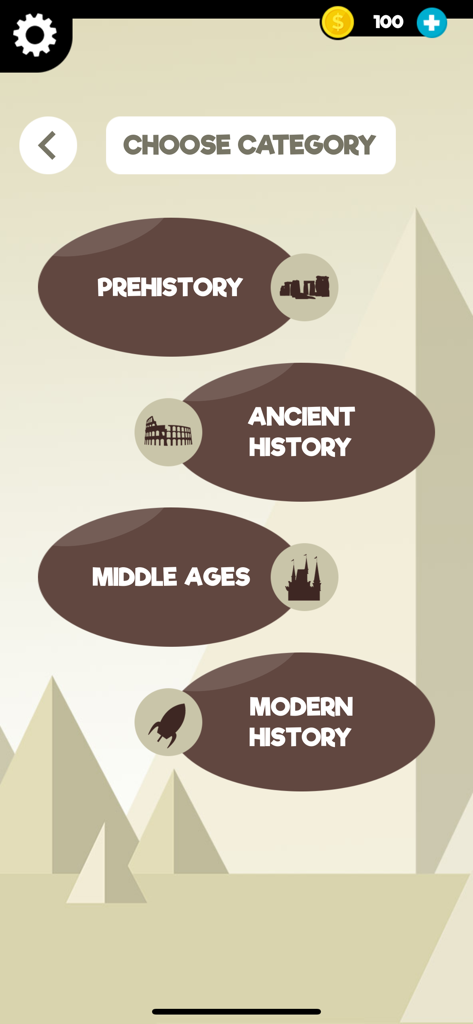 History: Quiz Game & Trivia - Pantalla de selección de categorías del juego de preguntas sobre historia con eras desde la Prehistoria hasta la Historia Moderna.