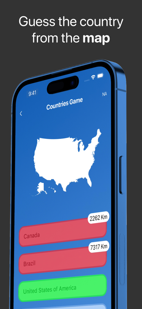 Geography Games - Geo Quiz - 地理ゲームアプリのインターフェイスに、アメリカ合衆国の地図のシルエットと距離ベースのトリビアの推測が表示されています。
