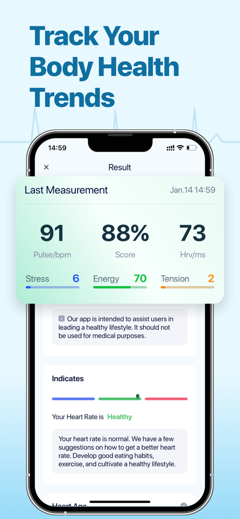 Heart Mate: Health Monitor - Heart Mate app interface showing pulse stress and energy measurement results