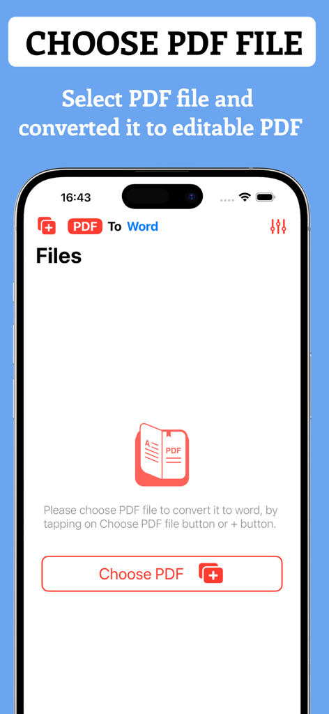 PDF to word : PDF Editable - Interfaccia dell'app convertitore da PDF a Word che mostra la schermata per scegliere un file PDF per la conversione.