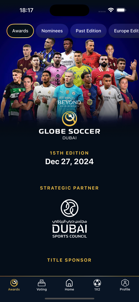 Interface da aplicação Globe Soccer mostrando os detalhes do prémio da 15ª edição e estrelas famosas do futebol