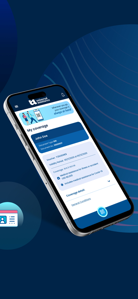 Pantalla de la aplicación móvil Universal Assistance que muestra detalles de la cobertura del seguro de viaje e información del voucher de asistencia médica.