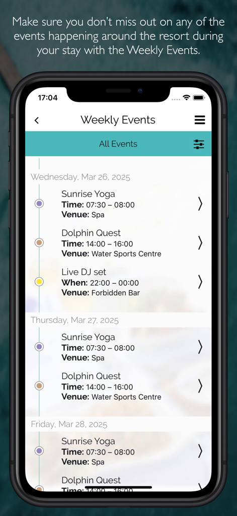 Weekly events schedule on the Kandima Maldives app showing activities like sunrise yoga and dolphin quest.
