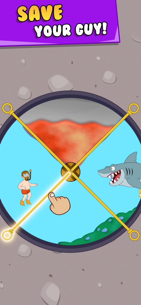 Una captura de pantalla de juego móvil de Pull Him Out que muestra un puzle de tirar de pines para salvar a un buceador de un tiburón y lava.