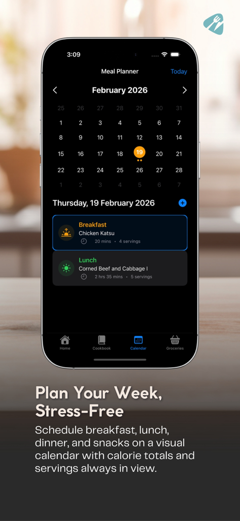 TasteLoop - TasteLoop app visual meal planner calendar interface with breakfast and lunch schedule in dark mode