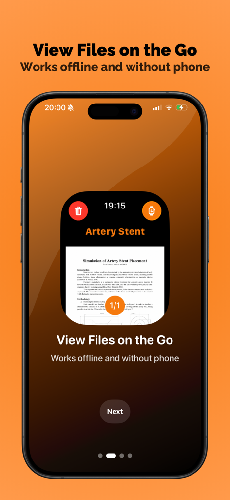 Files on Watch - HandyFiles - Smartphone screen showing the HandyFiles app interface with a PDF document preview for Apple Watch and text highlighting offline access.