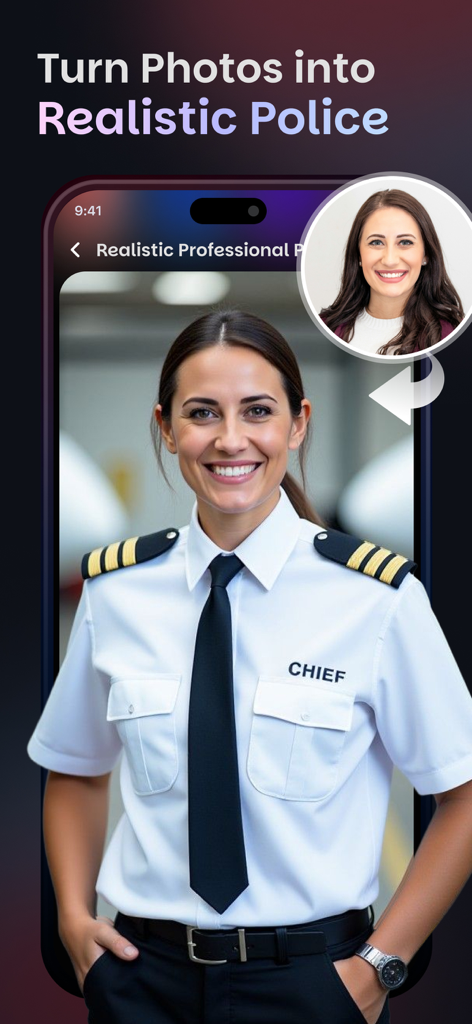 AI Photo Maker - Vintage Photo - Interface do aplicativo móvel mostrando o rosto de uma mulher transformado em um uniforme realista de chefe de polícia usando IA.