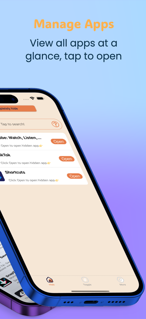 Interface of Quick Hide app displaying a list of hidden apps like TikTok and YouTube with open buttons