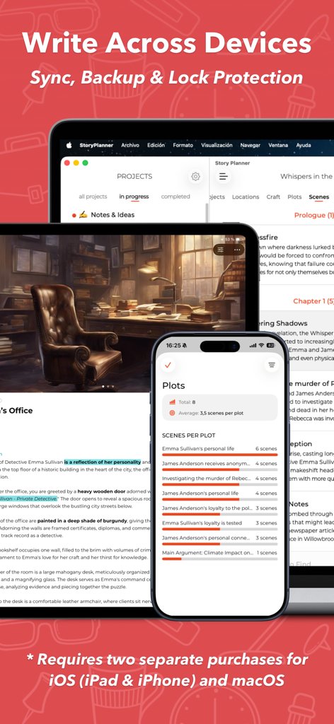 Story Planner for Writers app interface shown on iPhone iPad and Mac with sync and backup features