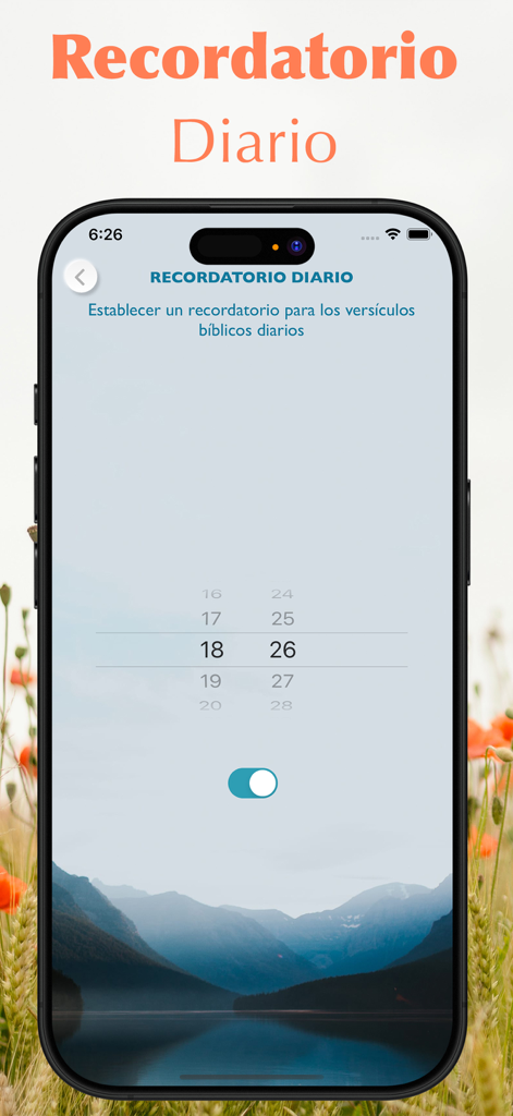 Interface of the daily reminder feature in the Santa Biblia Reina Valera 1960 mobile app showing a peaceful mountain background