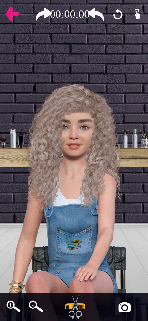A female character with long curly blonde hair sitting in a wheelchair within the Barber Chop styling interface.
