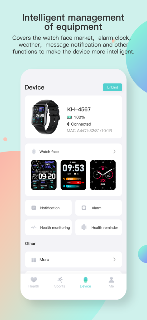 Keep Health - Keep Health 앱 인터페이스, 연결된 스마트워치 기기 설정 및 시계 화면 옵션 표시