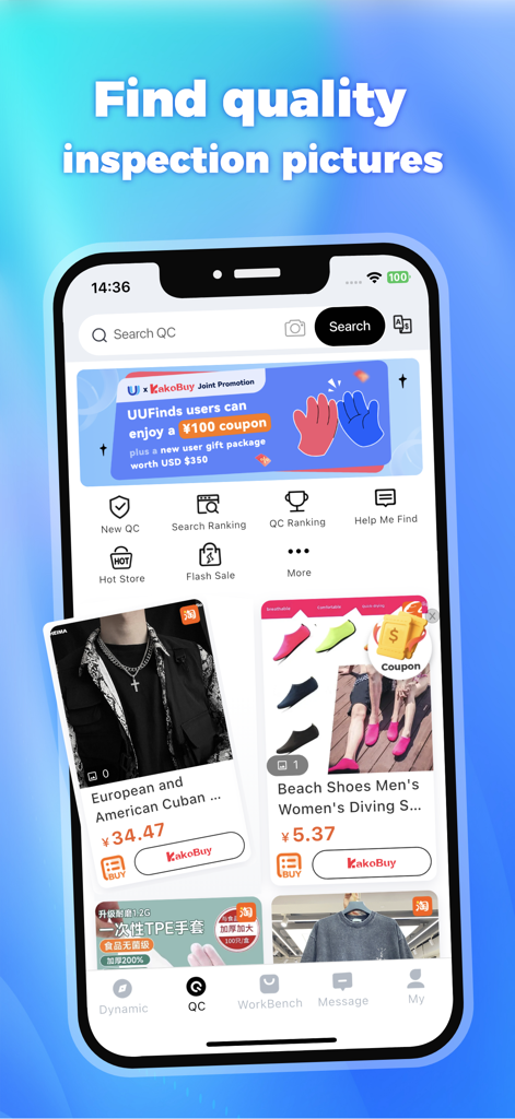 UUFinds - UUFinds mobile app interface showing quality control photos and product links for international shopping