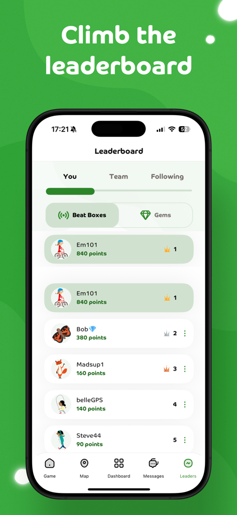 Leaderboard screen of the Beat the Street app showing user rankings and points