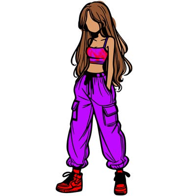 girl in baggy pants crop top and long hair