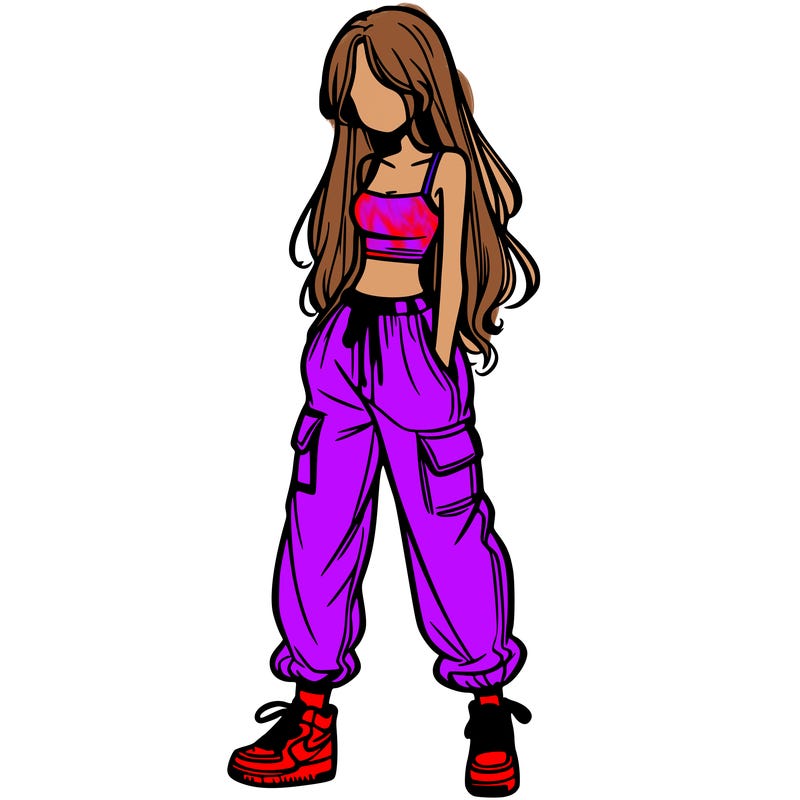girl in baggy pants crop top and long hair