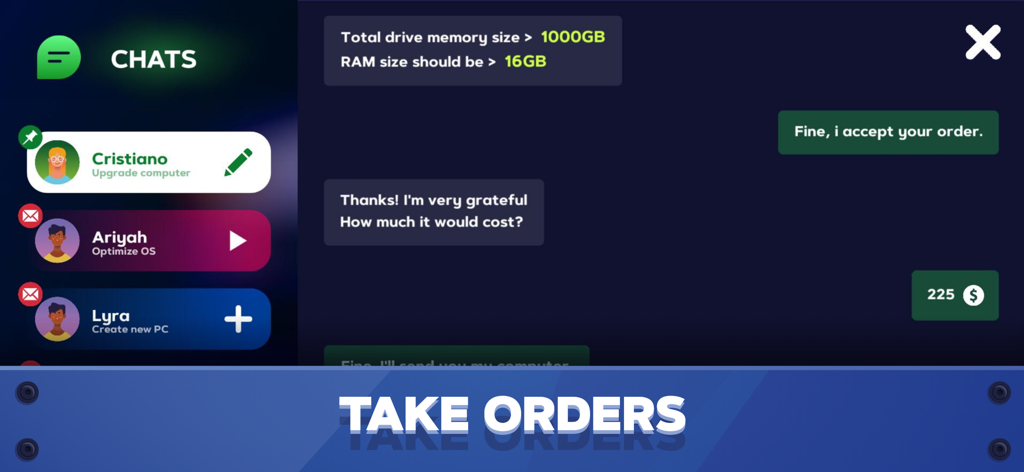 Interfaz de chat dentro del juego para aceptar pedidos de clientes de construcción y reparación de PC