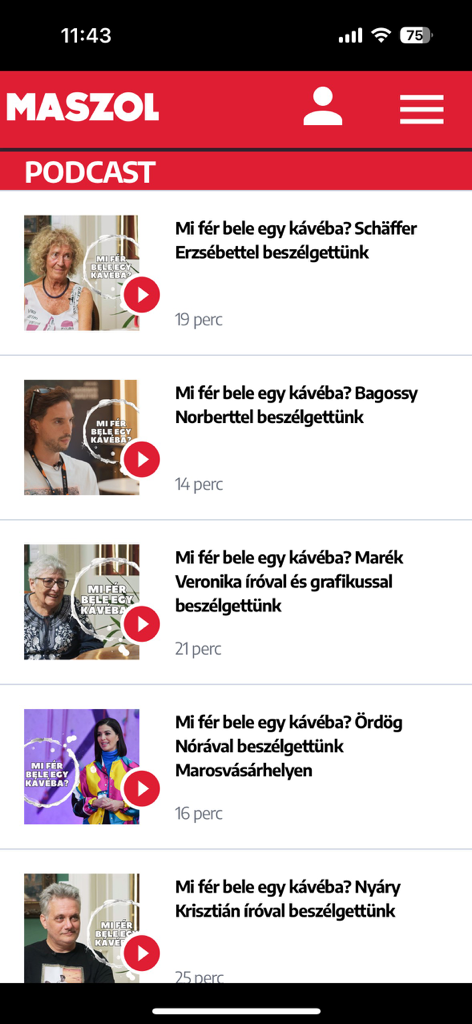 Una lista de episodios de podcast en la aplicación móvil Maszol