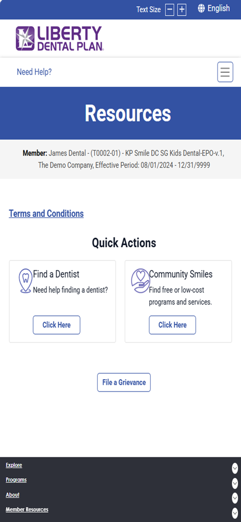 LIBERTY Dental - Liberty Dental app resources screen featuring quick actions to find a dentist and access community programs.