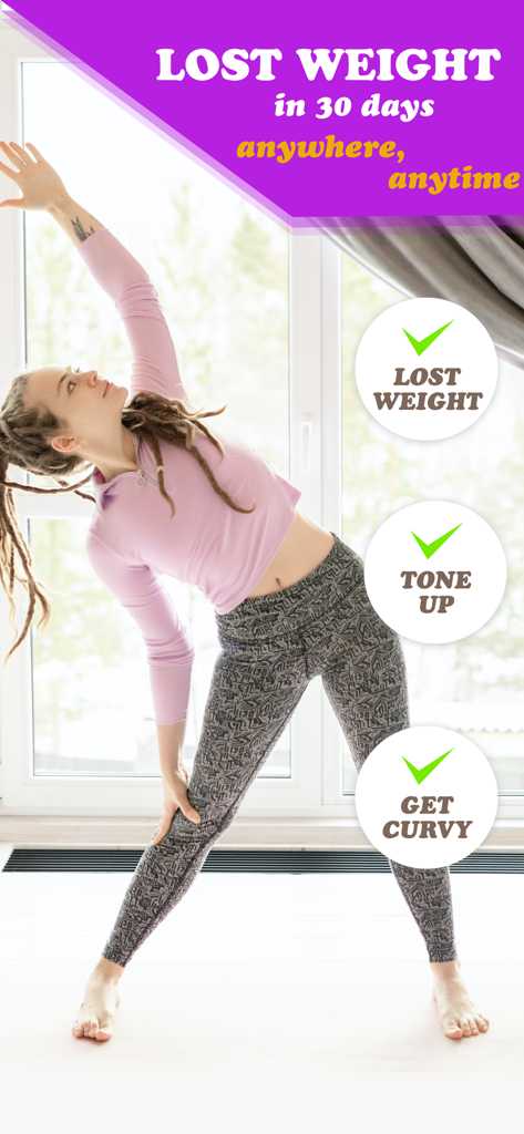 Una mujer estirándose con superposiciones de texto resaltando metas de pérdida de peso y tonificación