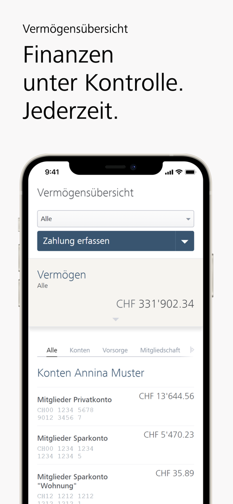 Pantalla de resumen de activos de la aplicación Raiffeisen E-Banking en un iPhone que muestra saldos de cuenta en francos suizos.