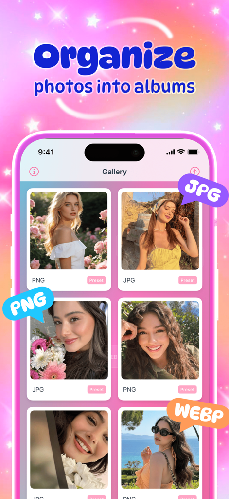 Zarin - Create and Share - Zarin app gallery screen showing organized photos with JPG PNG and WEBP format tags