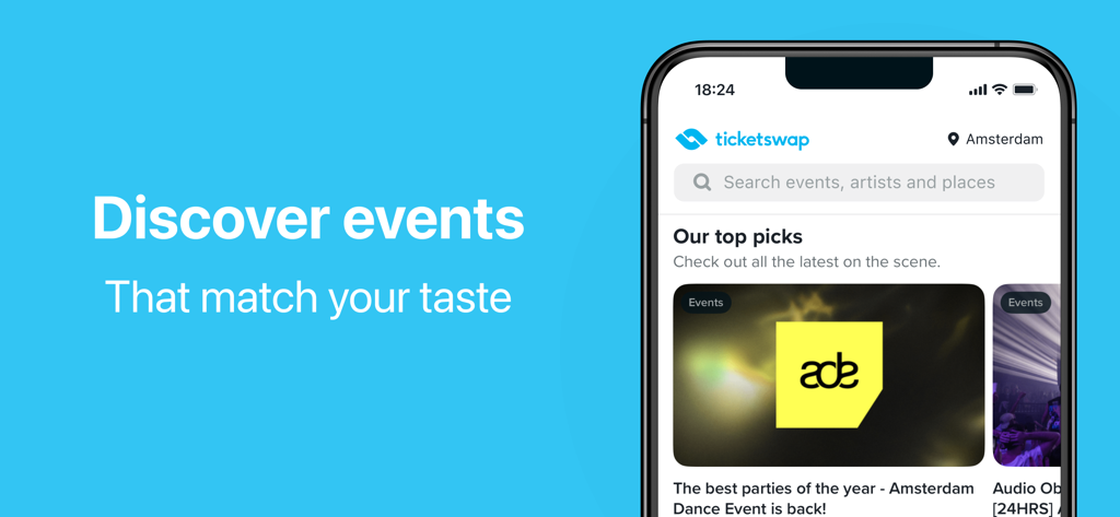 Mobile screenshot of TicketSwap app showing a discovery feed for music events and festivals.
