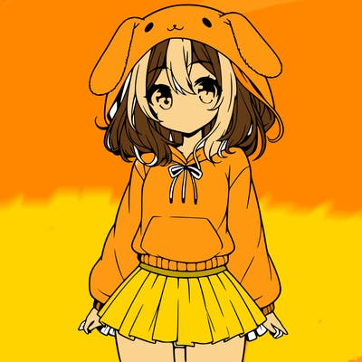pretty anime girl wearing a fluffy hoodie with bunny ears on the hood and a skirt